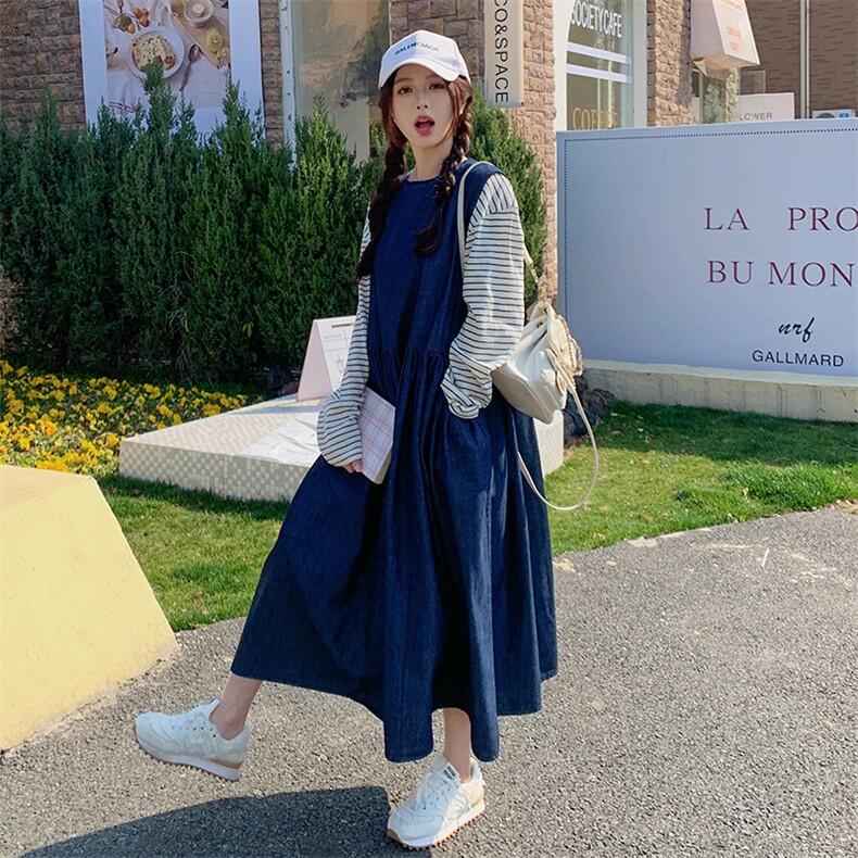 深蓝色韩系休闲连衣裙套装女2025春新款条纹T恤牛仔背心裙两件套,女装连衣裙,维壹