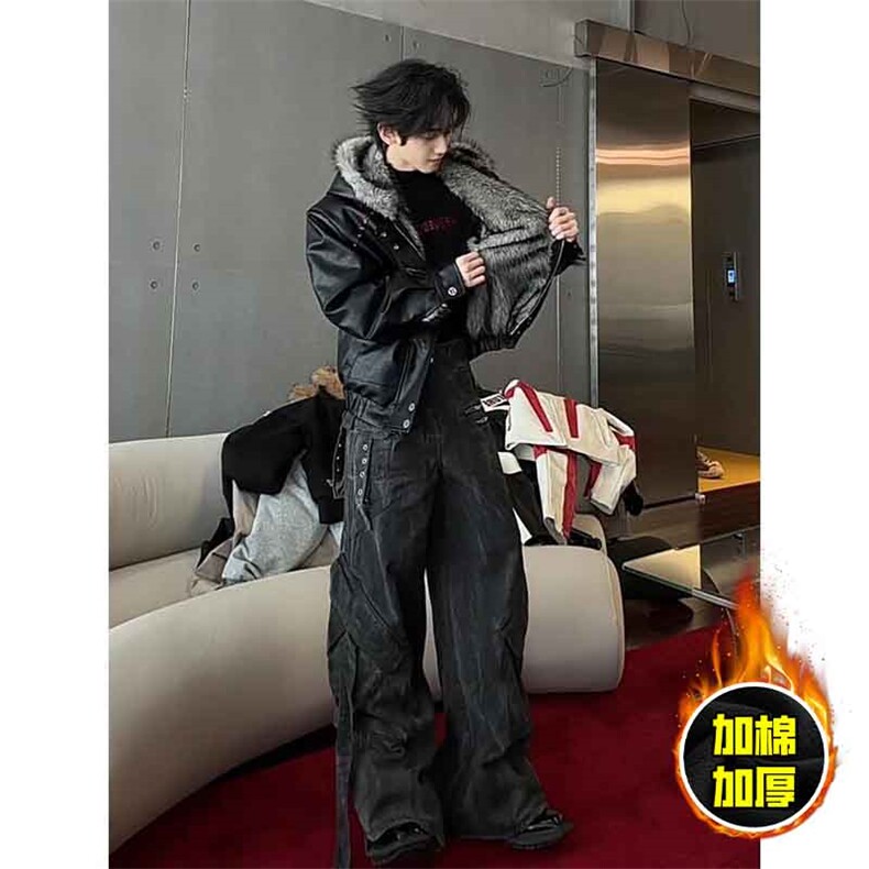 现货冬季美式潮牌痞帅PU皮机车服棉衣毛毛绒狼王座山雕皮棉服,男装棉衣,电商A486-1