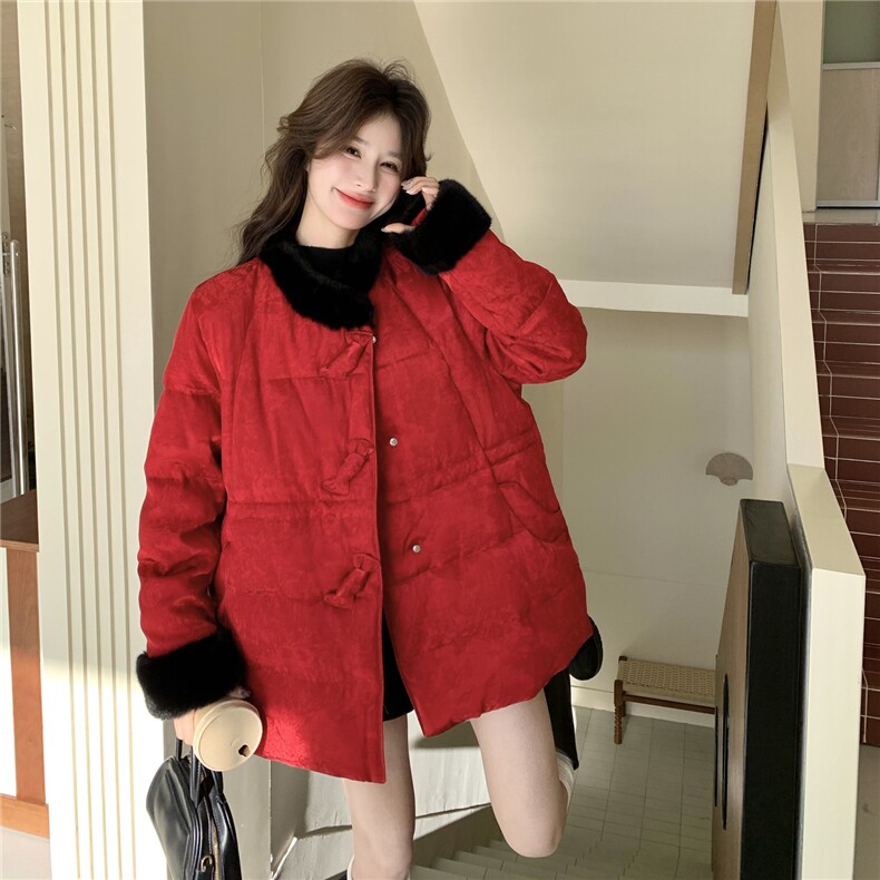 新中式红色毛绒拼接羽绒服女2025冬新款小个子时尚提花外套高级感,女装羽绒服,2C159