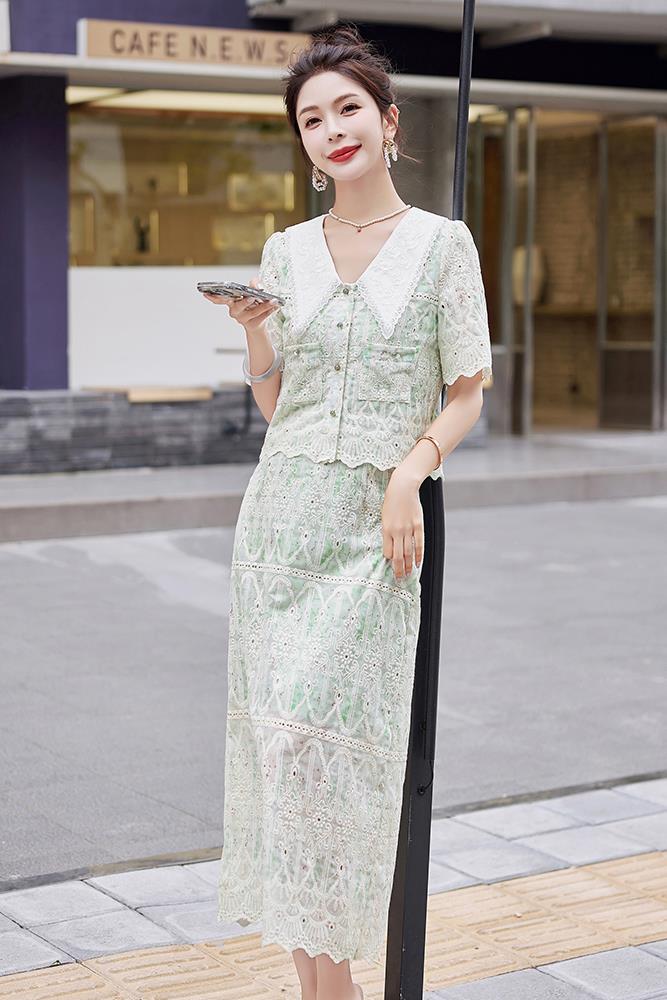 大码女装蕾丝刺绣短袖上衣显瘦a字半身裙夏季胖mm国风两件套,女装套装/套裙,慕依路