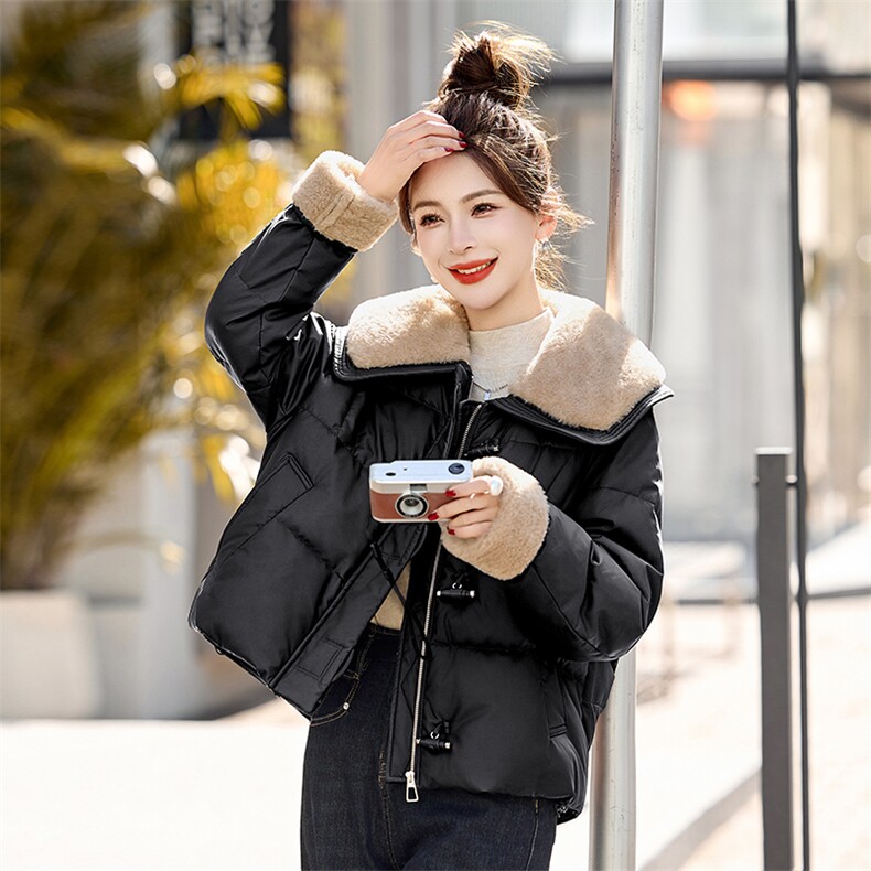 羊羔毛领拼接PU皮羽绒服女2025冬季新款小个子气质显瘦白鸭绒外套,女装羽绒服,慕咨