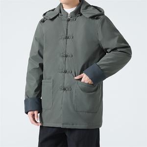 9399^ 风中长款男唐装羽绒服外套盘扣冬装可拆卸连帽款图片