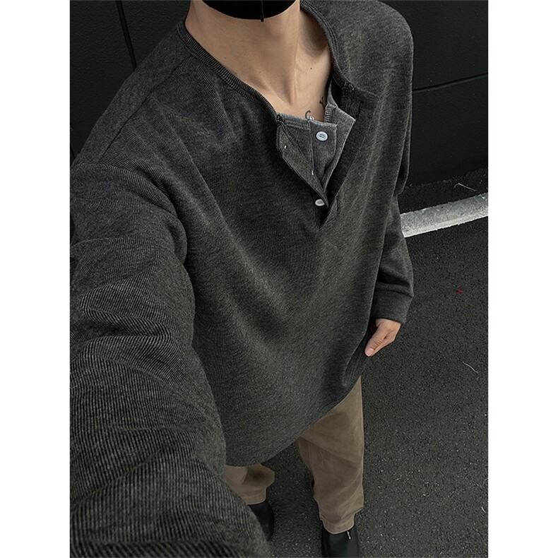 DD1013-P48加绒P58糯米面料假两件亨利领长袖T恤男内搭打底衫,男装针织衫/毛衣,电商A059