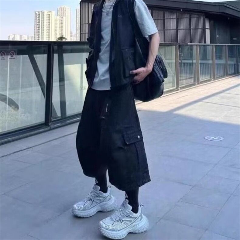 美式街头多口袋工装设计牛仔短裤男休闲cleanfit直筒阔腿七分中裤,男装牛仔裤,星座506A