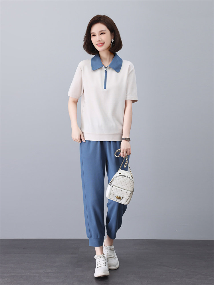 时尚方领撞色拼接T恤套装显瘦百搭休闲两件套,女装套装/套裙,依倍林