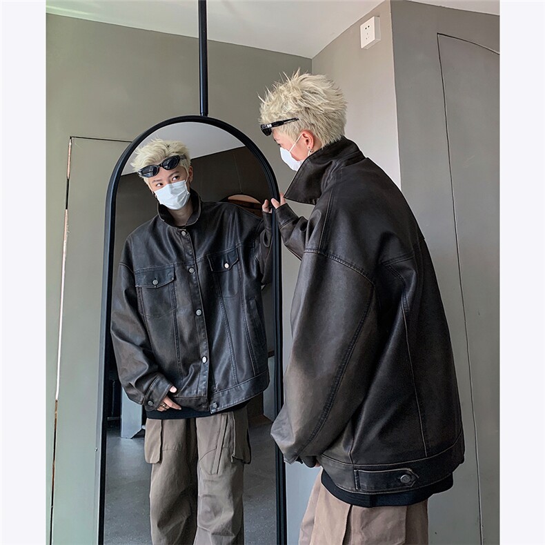 主推重磅水洗做旧美式复古皮衣外套男秋季潮流小众设计感夹克P155图片