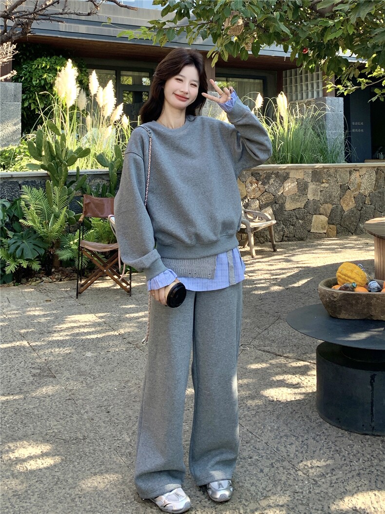 韩系慵懒休闲风格纹拼接卫衣套装女2026春季阔腿裤时尚减龄两件套,女装套装/套裙,艾米莉亚