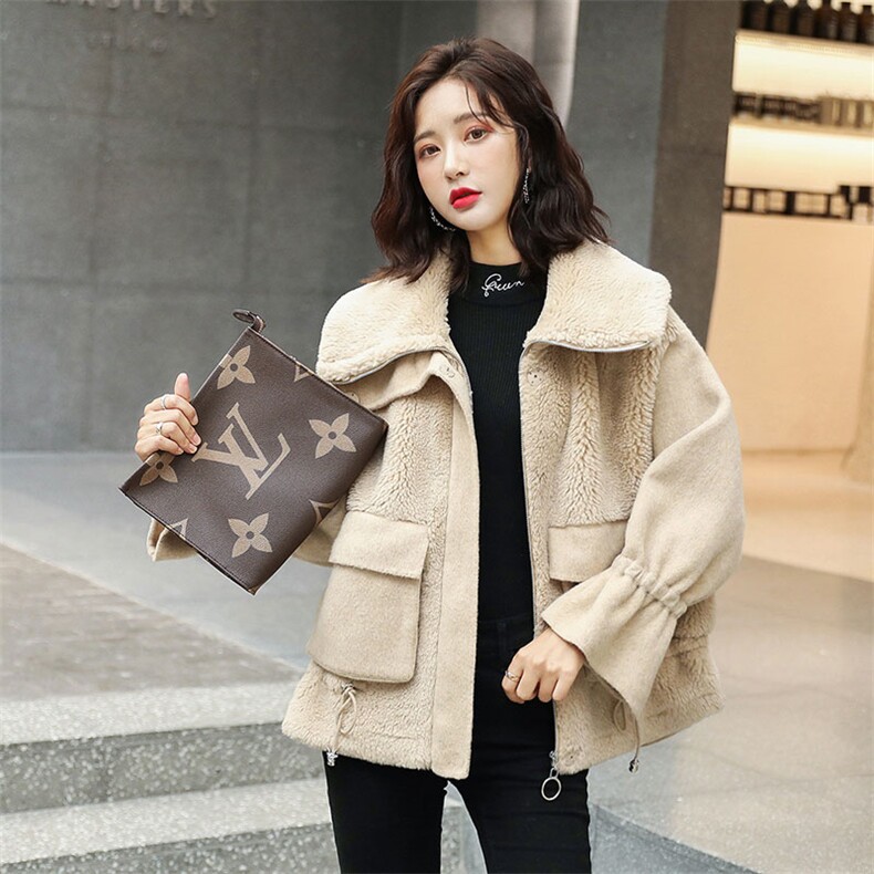 毛呢外套女短款2021春秋新款时尚仿羊羔毛拼接颗粒绒大衣皮毛一体,女装毛呢外套,慧尚依恋