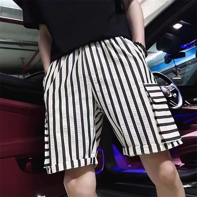 竖条纹高腰三分短裤小众古着感设计休闲宽松男装外穿百搭阔腿裤潮,男装牛仔裤,星座218-1（原230）