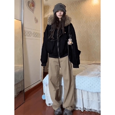 现货重磅boxy短款棉衣座山雕大毛毛领男女棉服水洗工装厚外套，男装棉衣，电商A486-1