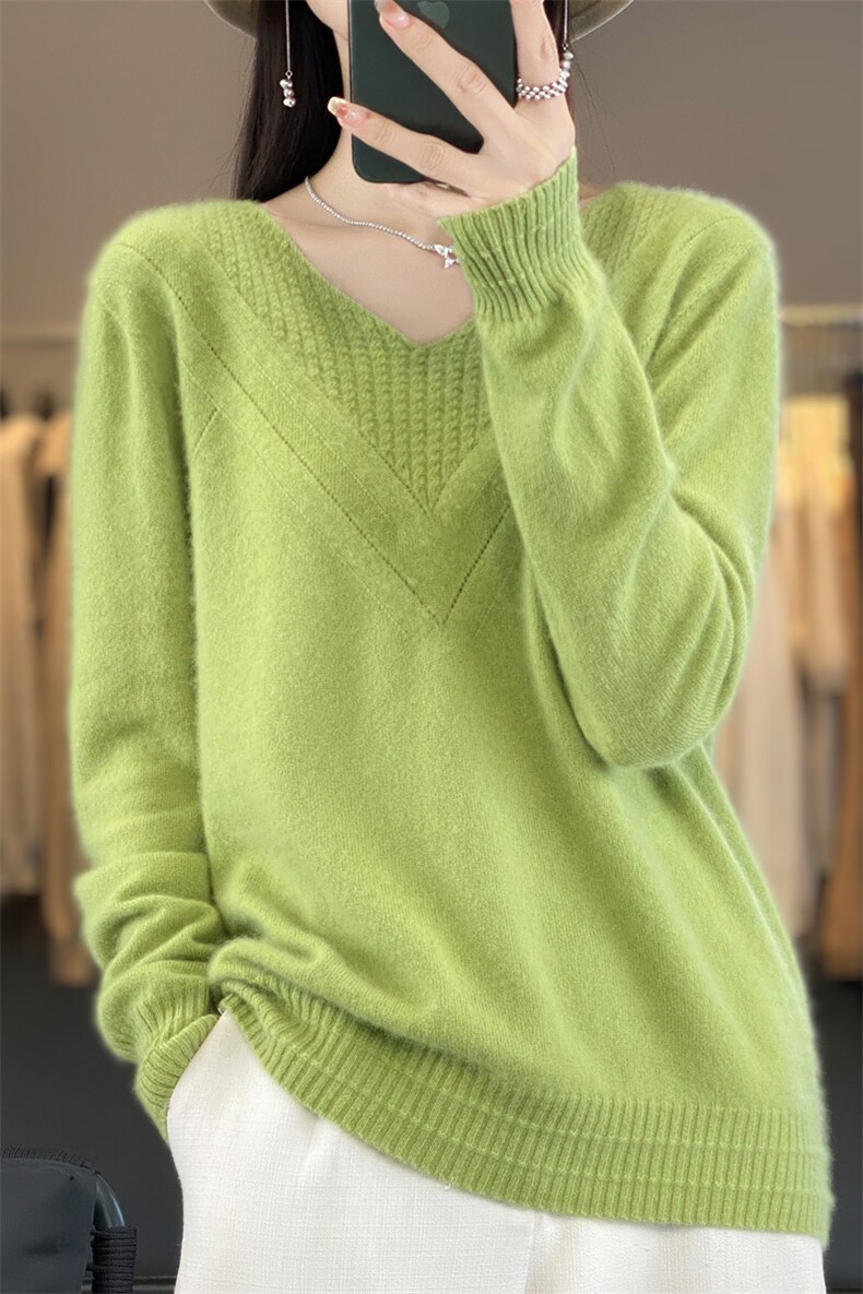 一线成衣100%纯羊毛衫女V领镂空钩花长袖毛衣宽松羊绒衫打底上衣,女装羊毛衫,昭美羊绒