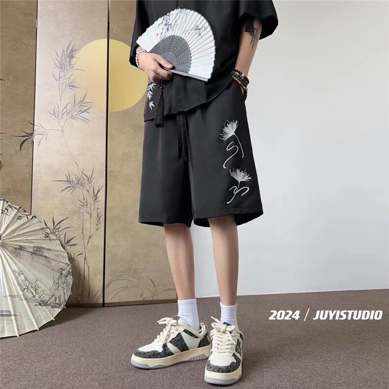 新中式 冰丝印花五分裤休闲裤短裤A014-DY25066-特P25控48图片