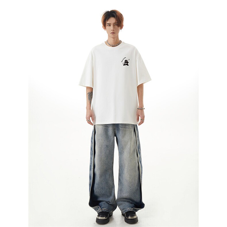 港风复古短袖t恤男生夏季薄款2025新款情侣潮牌宽松五分袖上衣服,男装T恤,电商A102B