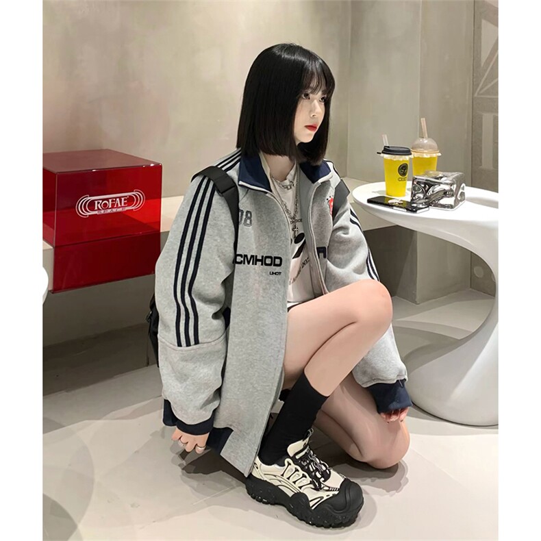 抖音得物美式高街重磅结构设计拼接织带立领印花卫衣外套ACM4201,女装短外套,电商A443