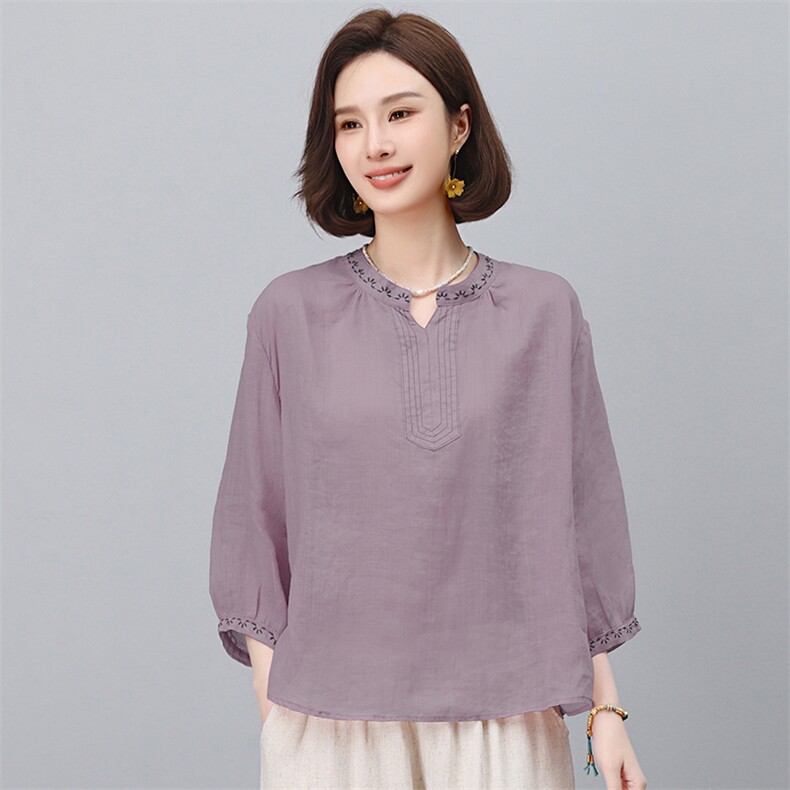 高端苎麻上衣女夏季薄款2025年新款中年妈妈休闲洋气减龄漂亮小衫,女装T恤,悦见她