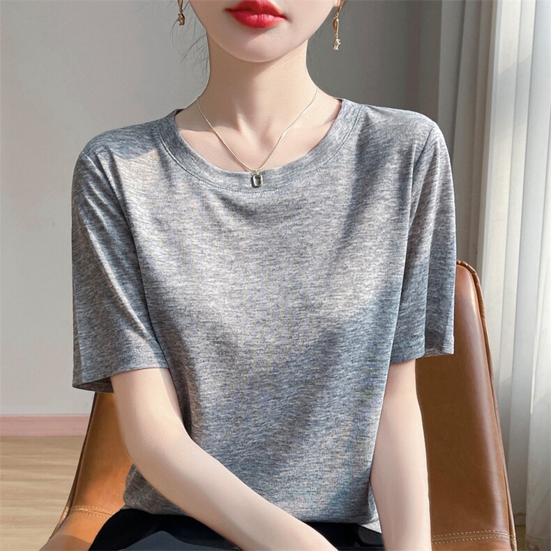 简约圆领百搭显瘦短袖内搭上衣女,针织衫/毛衣,绒宛羊绒