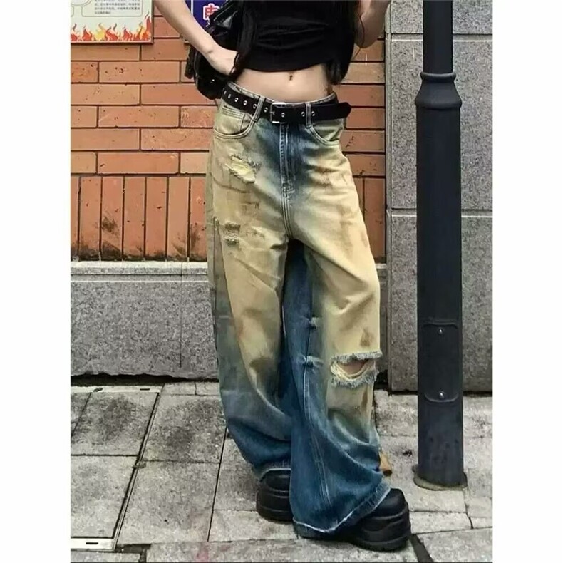 美式复古脏脏破洞牛仔裤女2025春夏新款街头废土风水洗直筒长裤子,男装牛仔裤,星座506A