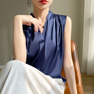 西装内搭小衫女2025夏无袖上衣仿真丝缎面吊带背心西服打底衬衫图片