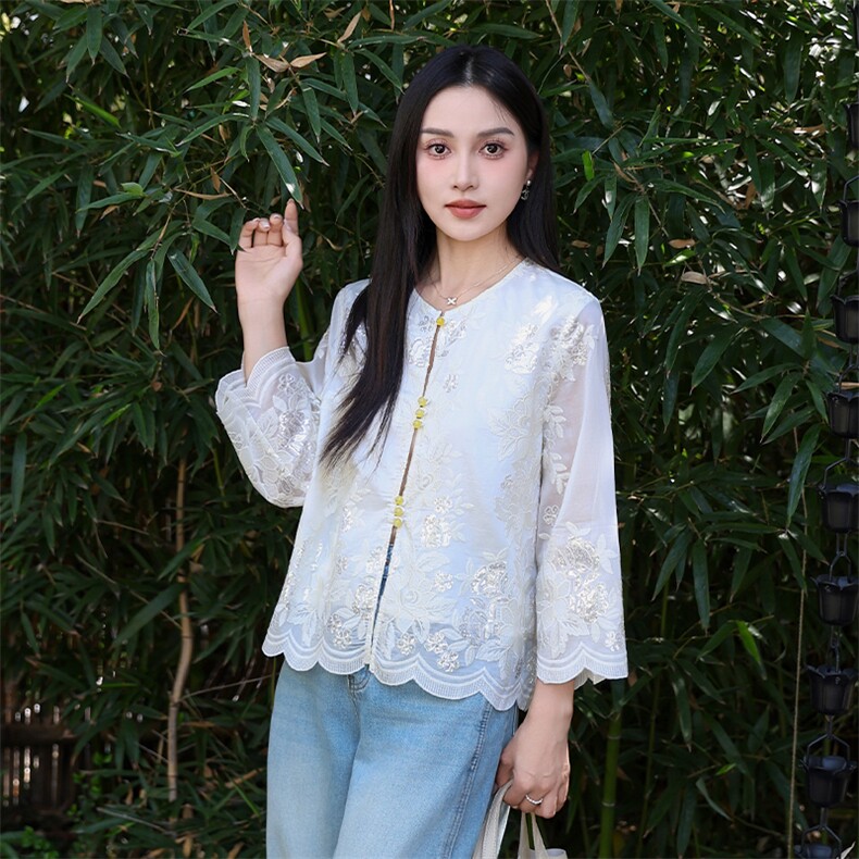 时尚复古新中式重工亮片刺绣风外套天丝就发现高级感小众衬衫,女装短外套,2C091