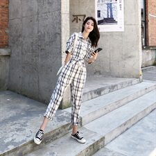 现货春夏装短袖连身裤格子工装套装连体衣裤潮1888212P95控158，女装裤子，艾青服饰