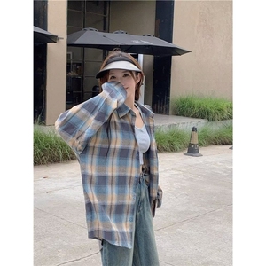 C257-P30 2025美式复古撞色格子防晒衬衫男女长袖宽松秋冬衬衣图片