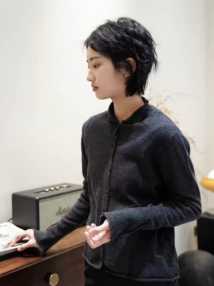 半高领卷边针织开衫时尚百搭,针织衫/毛衣,百纯羊绒