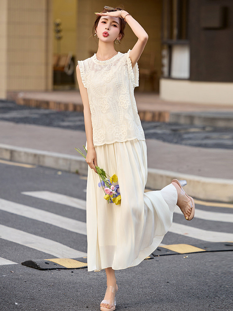 提花套装连衣裙女2025夏季新款高级感百搭显瘦减龄遮肚两件套裙子,商品下架区,韩然一族