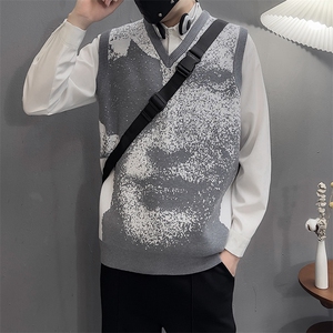 港风秋款男V领马甲毛衣背心人物扎染印花拼色宽松针织衫MJ848 P55图片