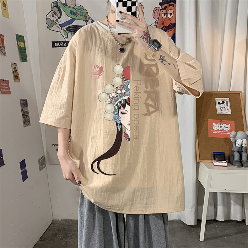 YT26161-P30京剧脸谱亚麻短袖t恤男大码五分袖男七分袖海报风,男装T恤,电商A040