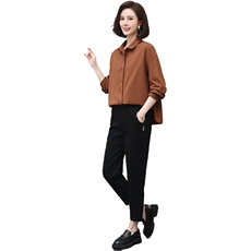 现货春秋新品时尚两件套棉麻宽松大码百搭通勤套装上衣裤子，女装套装/套裙，3200格调