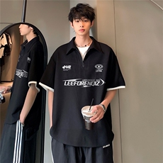 美式复古潮牌假两件少年感男女同款重磅短袖POLO衫T恤T71-P38，男装T恤，电商C307