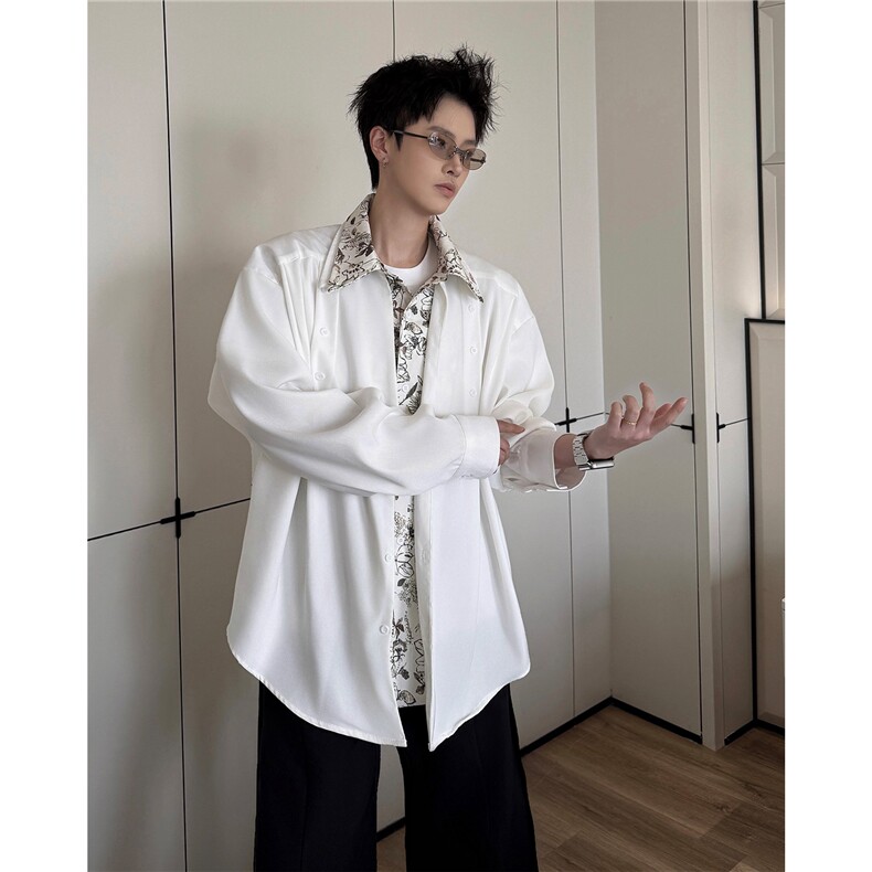 潮流休闲花卉印花领翻领假两件休闲长袖衬衫上衣男潮特P52，男装衬衫，电商B319