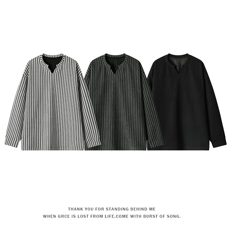 已下单5W件小香风鱼骨纹V领条纹松弛感长袖T恤T24536-特P24控48，男装T恤，电商A001-1