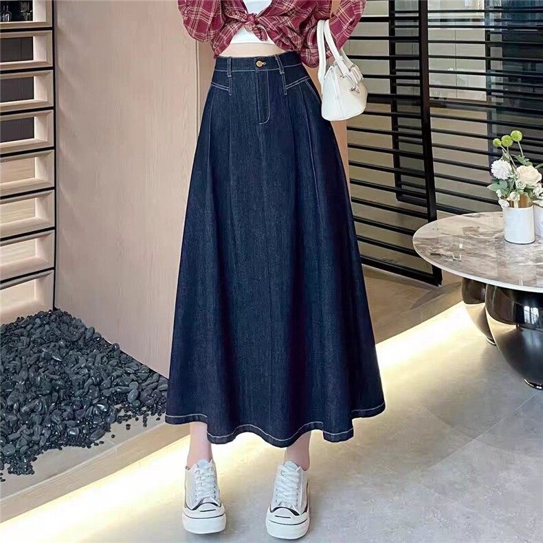 2025舒适百搭简约秋冬新款牛仔明线口袋伞裙,女装半身裙,湘姗