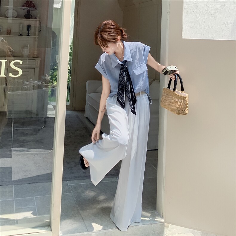蓝色无袖背心上衣阔腿裤套装女2025年夏季新款时尚独特穿搭一整套,女装套装/套裙,2D078