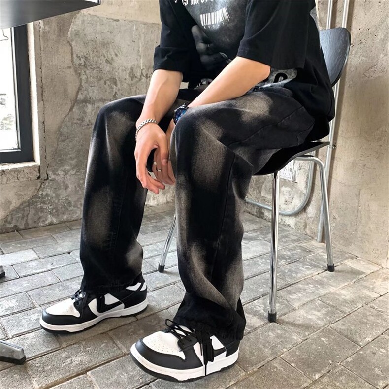 黑色牛仔裤男宽松直筒系绳vibe炸街裤子潮NK26P40图片