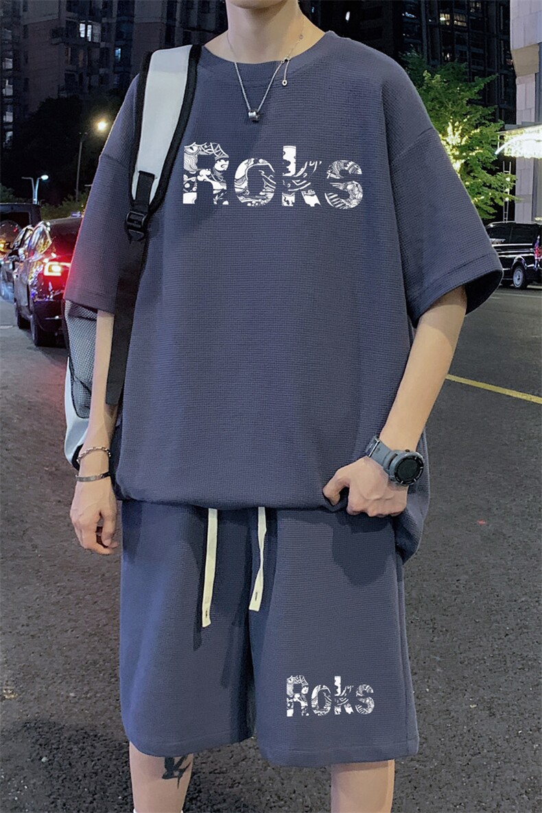 ！2025夏季新款男士华夫格短袖T恤套装学生一套HTZ117P50,男装T恤,电商B220