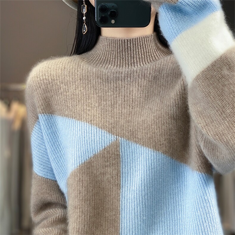 100%纯羊毛衫女半高领拼色加厚毛衣秋冬新款宽松慵懒风打底羊绒衫,女装羊毛衫,宇灿羊绒