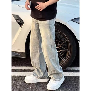 扎染泼墨牛仔裤男款美式vibe风格裤子高街潮牌痞帅直筒弯刀微喇裤图片