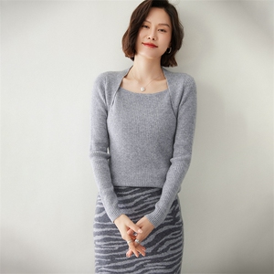 优雅气质女士35%羊绒抽条礼服领长袖针织衫图片