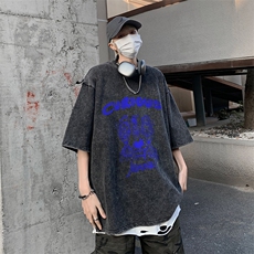 B239-1077-P38复古水洗做旧卡通字母印花重磅落肩袖短袖T恤，男装T恤，星座514-2(原B239)