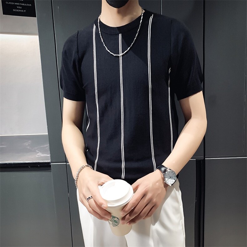 夏季新款冰丝针织短袖T恤男修身时尚社会条纹半袖打底衫M860,男装T恤,星座1116A-2（原606A-1）