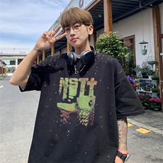 可48小时发货支持抖音得物来样二开美式满天星亮片短袖T恤MTX659，男装T恤，电商A486-1