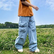 复古天蓝色美式工装裤女夏季小众辣妹风显瘦休闲高腰直筒阔腿裤子，男装休闲裤，星座716-4