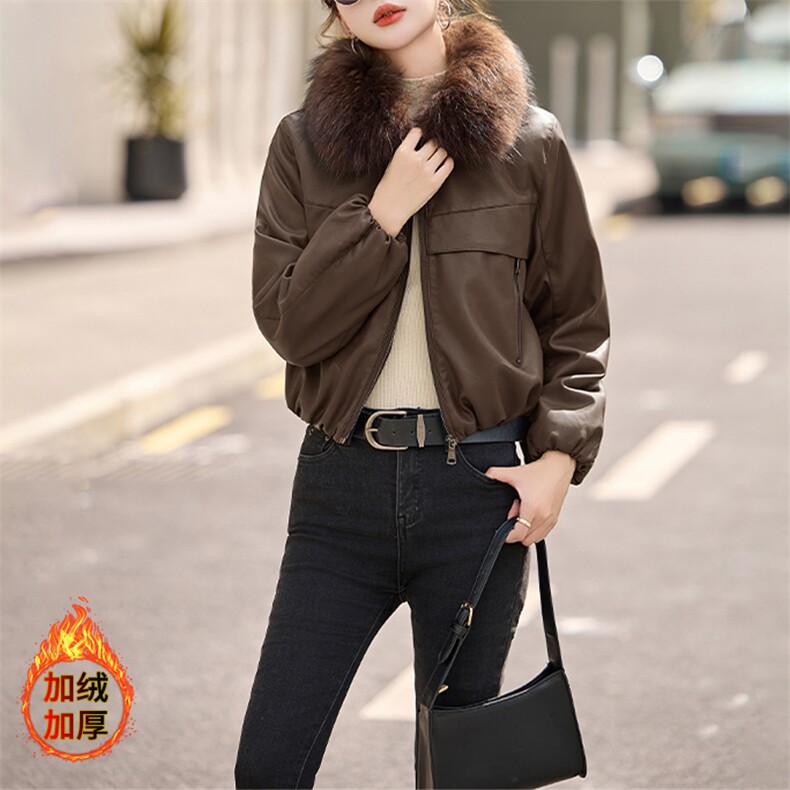 安可拉红加绒加厚短款皮衣外套女款2024冬季新款真毛领皮棉服夹克,女装皮衣,美拉德工厂直营店