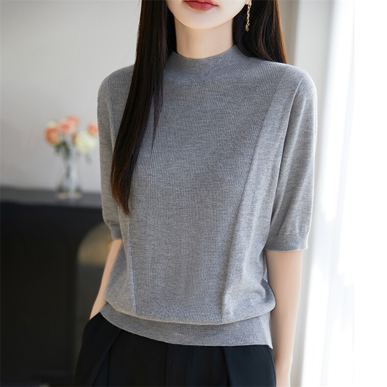 法式高端半高领五分袖打底衫女T恤2025新款中袖精纺薄款毛衣小衫,针织衫/毛衣,暖烁特种纱工厂店