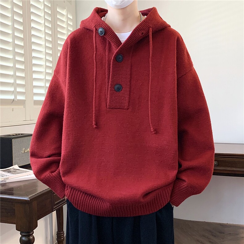 秋冬新款青少年时尚连帽纽扣款休闲针织衫毛衣男1018-1-M619-P65，男装针织衫/毛衣，星座1018-1​