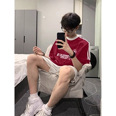 夏季美式高街重磅纯棉三条杠织带撞色男女短袖T恤ZD650-特P30，男装T恤，电商A486-1