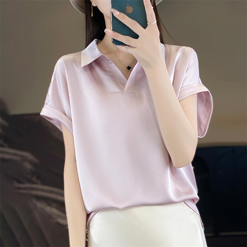 2025年夏季街头宽松型短袖不连帽翻领时尚百搭通勤短袖,女装T恤,绒宛羊绒