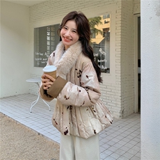 新中式轻熟风晕染碎花真毛领羽绒服女2025冬季系带收腰白鸭绒外套，女装羽绒服，艾米莉亚